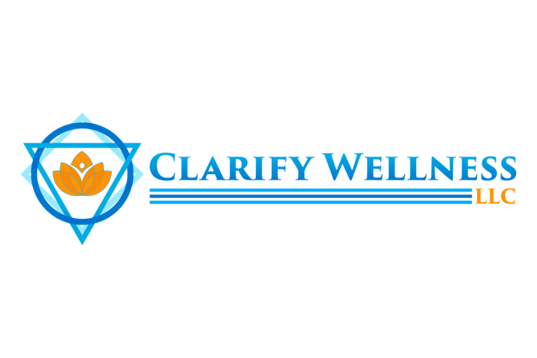 White background with light blue text: Clarify Wellness. Logo to left, blue and yellow