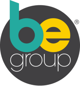 Logo graphic: A grey circle with Be Group written on top. Colors teal, yellow, white used in lettering