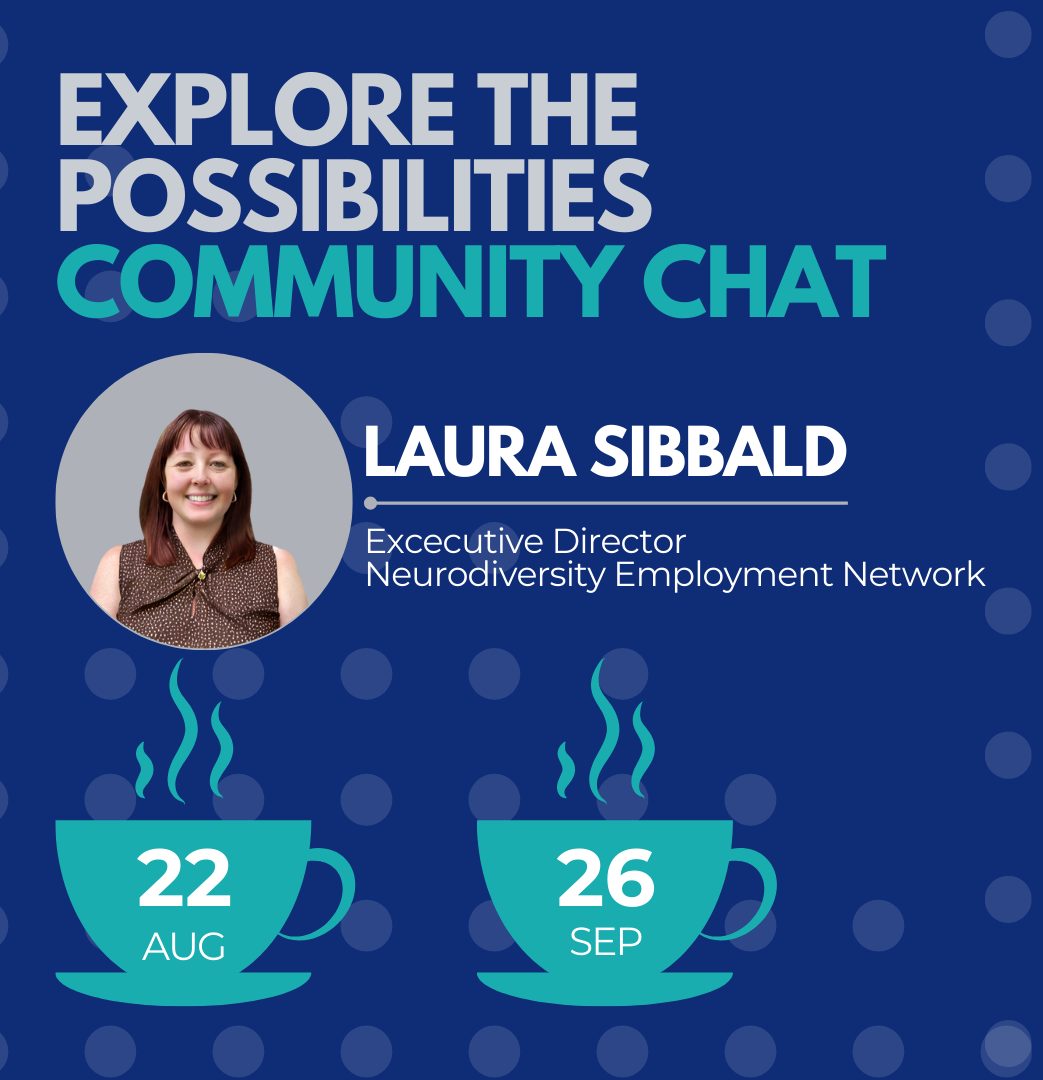 Dark blue background, Grey and Teal text Explore the Possibilities Community Chat. Two Mugs in Teal with Aug 22 and Sept 26 written on them