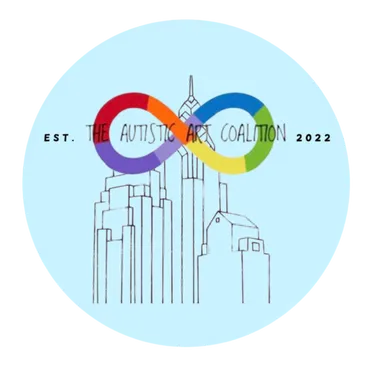 light blue background with philadelphia skyline in black sketched. Neurodiversity rainbow infinity symbol
