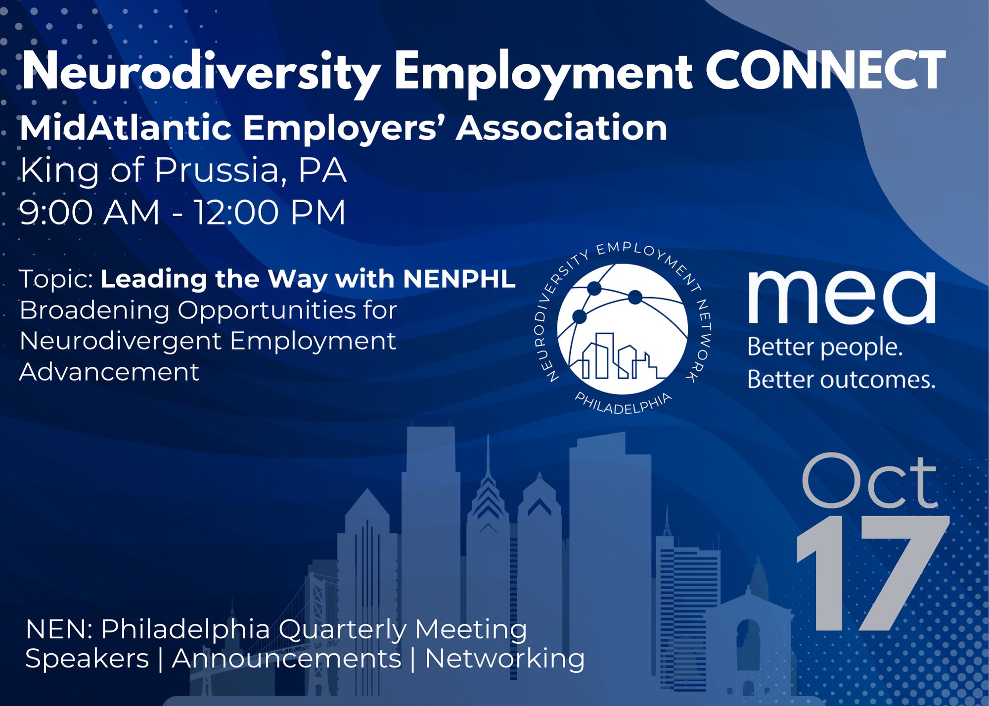 Blue Background, Phila skyline in transparent blue on bottom. Text: Neurodiversity Employment Connect. Remainder of text included in content of page.
