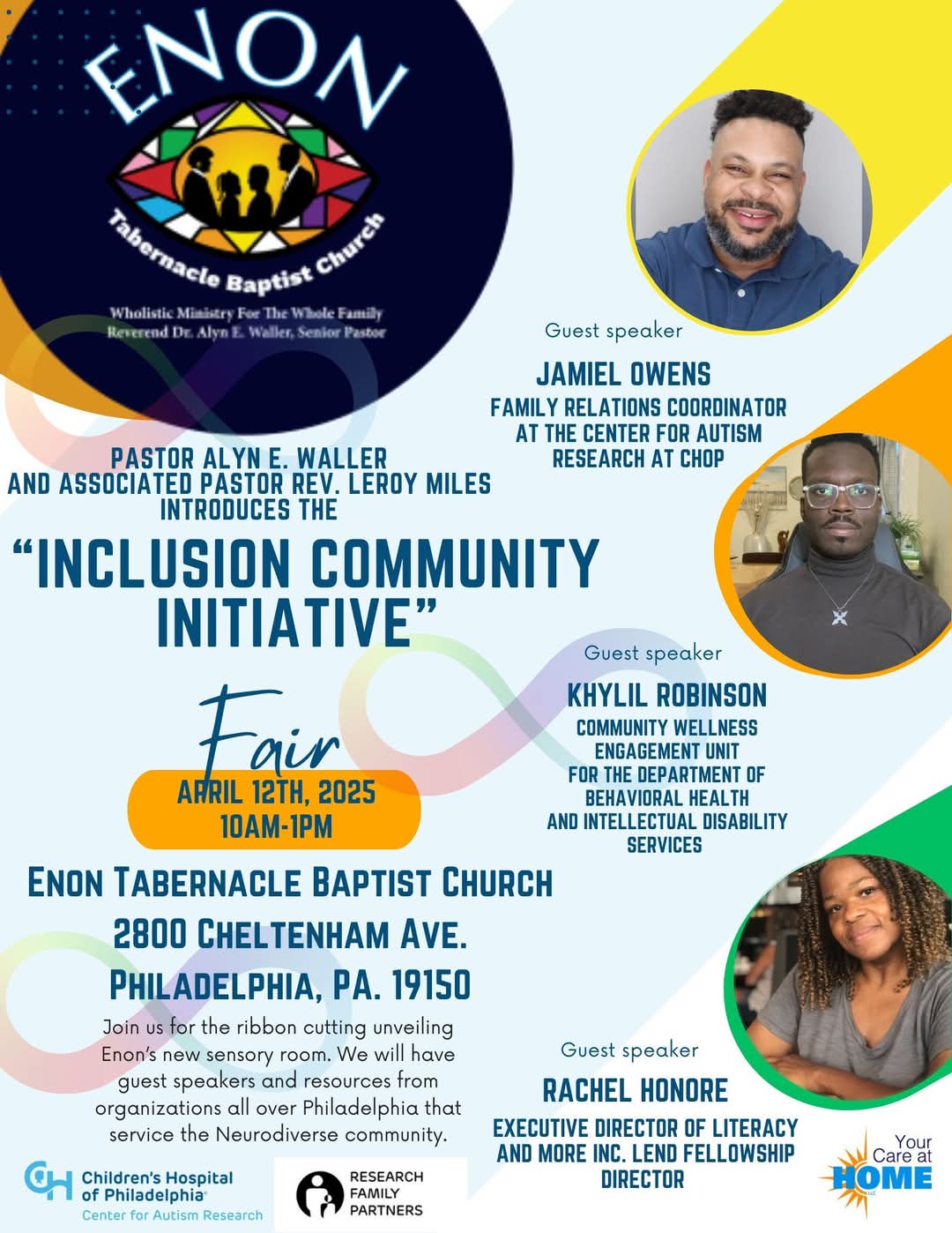 Flyer with information on Inclusion Community Initiative Fair at Enon Tabernacle Baptist Church on April 12th 10-1.